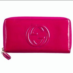 PINK Gucci Patent Leather Wallet GG Continental Long Zip Around Billfold Gold